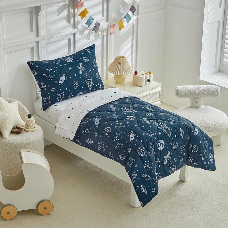DuShow 4 Pieces Toddler Bedding Set for Boy,Space Toddler Bed Comforter Set,Soft and Breathable Microfiber Crib Sheet Set,Includes Quilted Comforter, Flat Top Sheet, Fitted Sheet, Envelope Pillow Case -Blue - Image 2